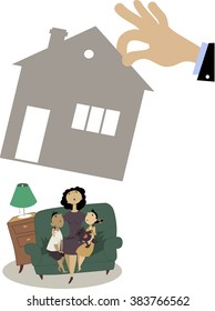 Mother with two children sitting on a couch while a giant hand taking away their house, EPS 8 vector illustration