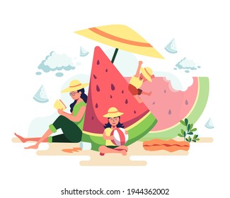 A mother of two children takes a vacation to take the family to the beach. She sit and read a book The son slid on the hill. Her daughter played a beach ball. She bought a luscious watermelon.