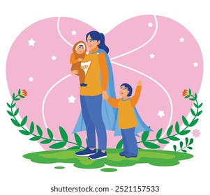 The mother and two children are wearing superhero capes. Young mother playing with her children. Mother's Day concept. Flat vector illustration.