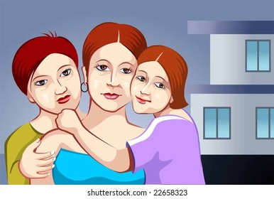 mother and two daughters in a house background	
