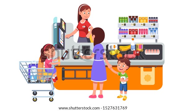 Mother Two Kids Buying Groceries Supermarket Stock Vector (Royalty Free ...