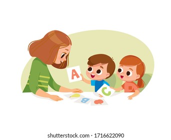 Mother with two kids. Early education. Learning alphabet with flashcards.