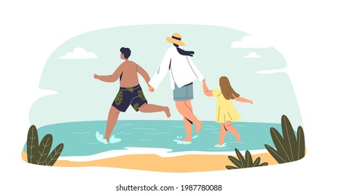 Mother with two kids on seaside happy run to sea water together holding hands. Young family on vacation in ocean tropical coast resort. Cartoon flat vector illustration