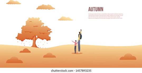 Mother with two kids, sons on a trip or walk outdoors during fall or autumn, vector background. Seasonal website banner or header with happy family together. Eps10 illustration