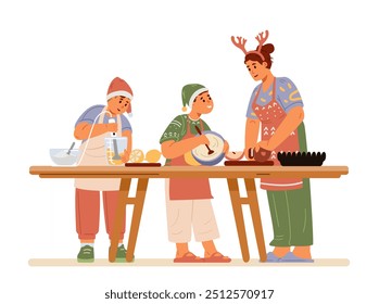 Madre con dos hijos en sombreros de Santa y cornamentas Navidades de cocina comida plana Ilustración vectorial aislada en blanco. Familia preparándose para la cena de Navidad juntos.