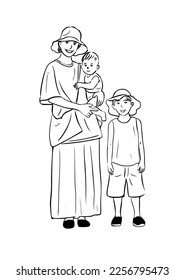 A mother of two young children getting dressed to go out.
happy people living in the city hand drawn line drawing