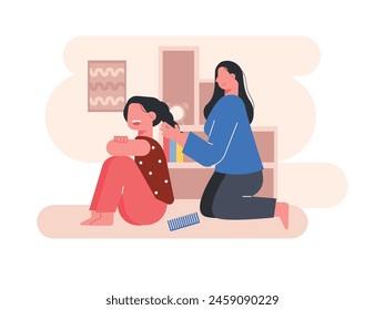 Mother is tying her daughter's hair in a ponytail in the living room. Character design. Vector flat illustration