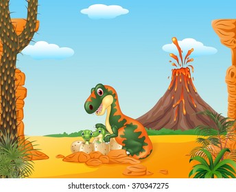 Mother tyrannosaurus and baby dinosaurs hatching in the prehistoric background