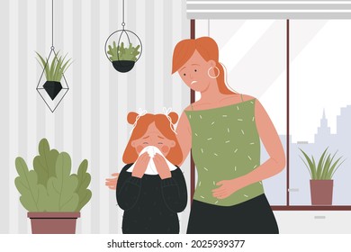 Mother and unhappy daughter sick, family ill vector illustration. Cartoon sad girl child character holding handkerchief, has runny nose and cold flu, standing with mom in home room interior background