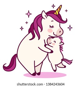 Mother unicorn giving a hug to her baby simple doodle cartoon vector character illustration isolated on white. Love, parenting, Mother's day, happy family, children decor, greeting card design element