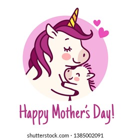 Mother unicorn giving a hug to her baby simple doodle cartoon vector character illustration isolated on white. Happy Mother's day holiday, love, parenting, happy family, greeting card design element