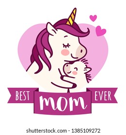 Mother unicorn giving a hug to her baby simple doodle cartoon vector character illustration isolated on white. Happy Mother's day holiday, best mom ever, love, happy family, greeting card design