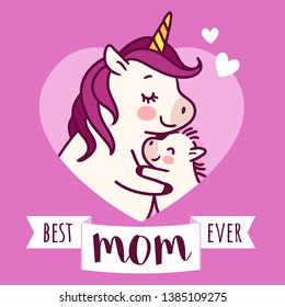 Mother unicorn giving a hug to her baby simple doodle cartoon vector character illustration isolated on white. Happy Mother's day holiday, best mom ever, love, happy family, greeting card design