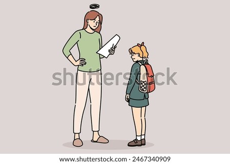 Mother upset because of daughter poor school grades, or note from teacher asking to visit principal. Sad schoolgirl bashfully shows mom results of school test with unsatisfactory grade