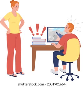 Mother upset with son semi flat color vector characters. Standing and sitting figures. Full body people on white. Teen issue isolated modern cartoon style illustration for graphic design and animation