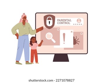 Mother uses apps to restrict her child accessing the internet and protect him from inappropriate content, flat cartoon vector illustration isolated on white background.