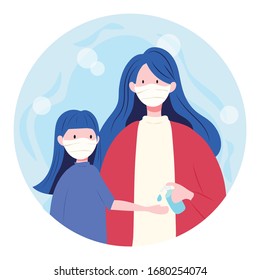 Mother  using cleaning sanitizer for daughter hands illustration vector concept