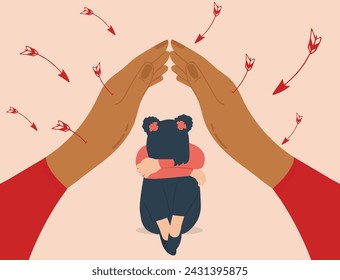 Mother using her hands as a shield to protect her girl from danger. Strong mom defends her daughter against threats. Crying child sitting on the floor and crying. Family support concept. Vector Stock