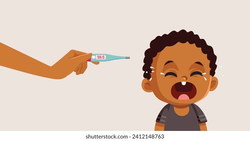 
Mother Using a Thermometer on Feverish Baby Crying Vector Medical Illustration. Unhappy sick child feeling unwell burning up with fever 
