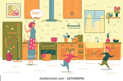 Mother Wagging Index Finger Scold Two Naughty Son Running and Playing Catch-up on Home Kitchen. Misbehavior Children and Parenthood. Kid Poor Discipline and Upset Mom. Vector Illustration