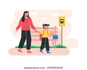 Madre esperando el autobús escolar de su hija pequeña en la mañana, con dos coletas llevando una bolsa y llevando el almuerzo. Carácter de diseño. Ilustración plana de Vector