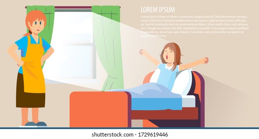 Mother Wakes Up Daughter In The Morning. Mom Standing At Sleepy Child Bed On Late Weekend Morning. Vector Illustration