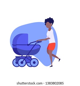 Mother walk with baby pram. Young afro woman walking with newborn baby in stroller. Concept of outdoor activity with kid, family and open air, pram. Flat Cartoon Vector Illustration