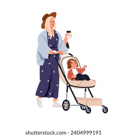 Mother walking with baby, child in pram. Modern happy woman mom drinking coffee, strolling with cute girl kid in stroller, pushchair. Flat graphic vector illustration isolated on white background