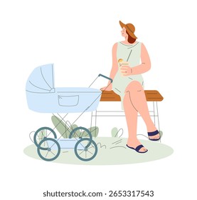 Mother walking with baby. Newborn in stroller in park or garden with mom. Happy motherhood, woman with juice sit on bench. Outdoor rest vector scene