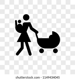 Mother walking with baby on her back and other on stroller vector icon on transparent background, Mother walking with baby on her back and other on stroller icon