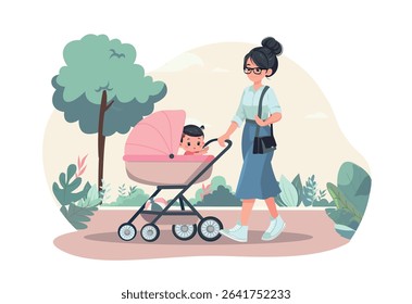Mother Walking with Baby in Stroller – Cartoon Vector Illustration