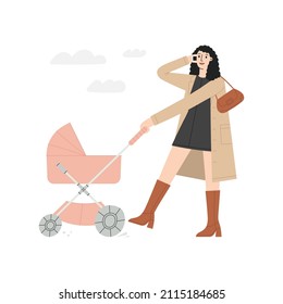 Mother walking with a baby in stroller. Happy family, busy mom. Vector illustration of super mom on Mother's Day. Can be used in magazine, banner, social media publication, typographic and web design.