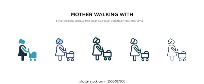 mother walking with baby stroller icon in different style vector illustration. two colored and black mother walking with baby stroller vector icons designed in filled, outline, line and stroke style