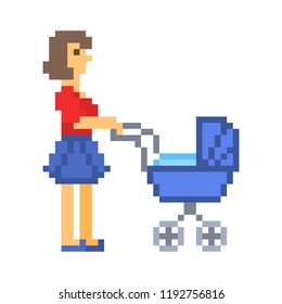 Mother Walking With A Baby In A Stroller, Pixel Art Character Isolated On White Background.8 Bit Parenthood Logo.Old School Retro 80s; 90s Slot Machine/video Game Graphics.