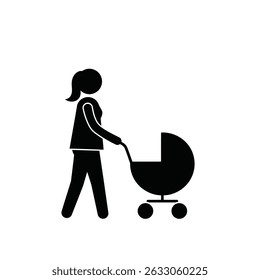 Mother walking with baby stroller simple icon.