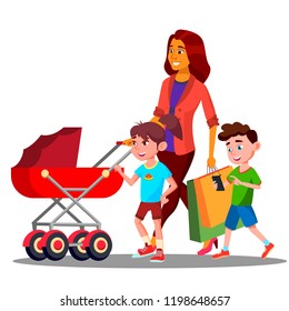 Mother Walking With A Baby Stroller Vector. Isolated Illustration