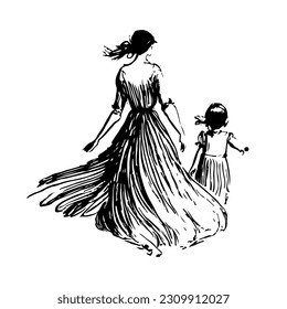 Mother walking with child in boho dress