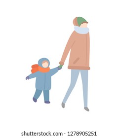 Mother walking with child holding hand of kid vector. People having fun at wintertime, winter season cold weather and warm clothes put on baby boy