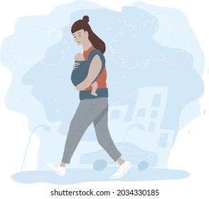 Mother walking down the street with child in baby carrier. Vector flat illustration