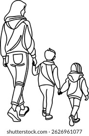 Mother walking hand in hand with two children in outlined black and white illustration