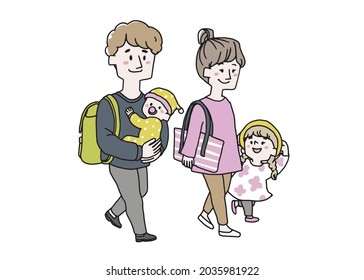 A mother walking with her baby in her arms while talking to her father and daughter