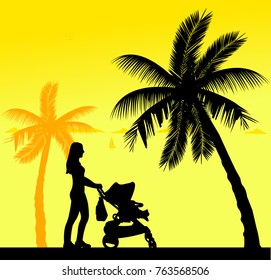 Mother walking with her baby in a stroller on the beach, one in the series of similar images silhouette