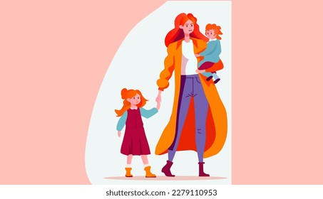 mother walking with her little daughters loving family parenthood childcare concept mothers day card template