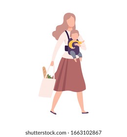 Mother Walking with Her Little Son, Young Woman Carrying Baby in Sling Flat Vector Illustration