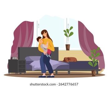 Mãe caminhando perto de uma cama enquanto segura gentilmente seu bebê em seus braços. Pacífica e acolhedora cena do quarto com atmosfera familiar quente. Ilustração vetorial.