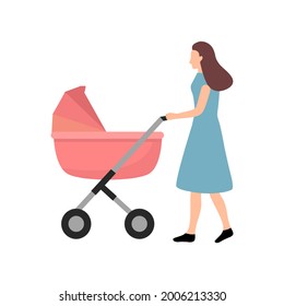 Mother walking with newborn child in a pram in flat design on white background. Young parent walking outdoor with baby in pink stroller.