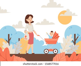 Mother walking in park with baby stroller, vector illustration. Young woman with groceries bag strolling outdoor with newborn child. Mom spends time with her kid in nature, cute cartoon characters