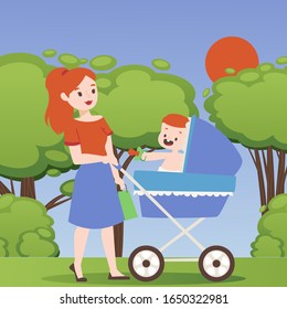 Mother walking in park with baby stroller, vector illustration. Young woman cartoon character strolling outdoor with newborn child. Mom spends time with her baby in summer nature, happy parent