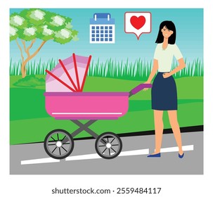 A mother is walking in a picturesque park while pushing a stroller. The scene symbolizes care, parenting, and moments of leisure on a sunny day in a serene environment. Flat vector modern illustration