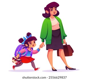 Mother walking schoolgirl to school isolated on white background. Vector cartoon illustration of little girl with backpack carrying lunch box, businesswoman with handbag, primary education, childhood